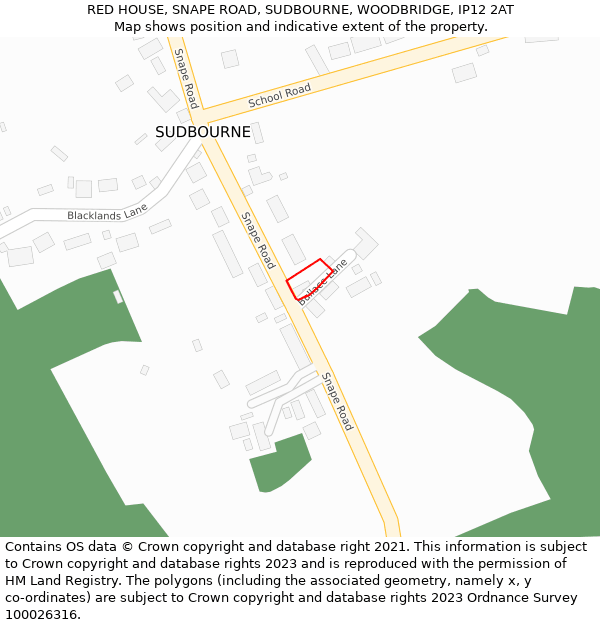 RED HOUSE, SNAPE ROAD, SUDBOURNE, WOODBRIDGE, IP12 2AT: Location map and indicative extent of plot