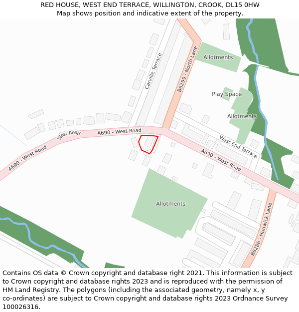 RED HOUSE, WEST END TERRACE, WILLINGTON, CROOK, DL15 0HW: Location map and indicative extent of plot