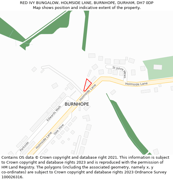 RED IVY BUNGALOW, HOLMSIDE LANE, BURNHOPE, DURHAM, DH7 0DP: Location map and indicative extent of plot