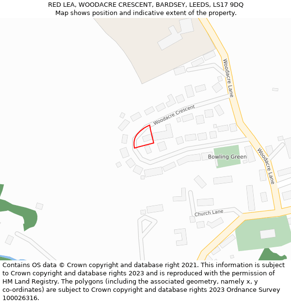 RED LEA, WOODACRE CRESCENT, BARDSEY, LEEDS, LS17 9DQ: Location map and indicative extent of plot