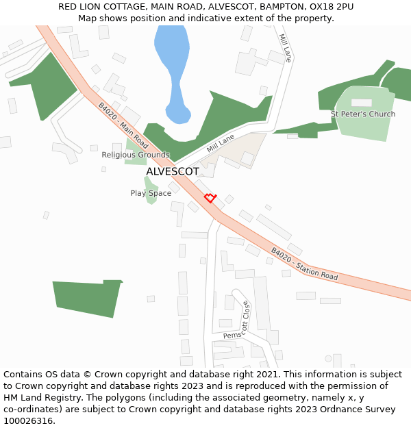 RED LION COTTAGE, MAIN ROAD, ALVESCOT, BAMPTON, OX18 2PU: Location map and indicative extent of plot