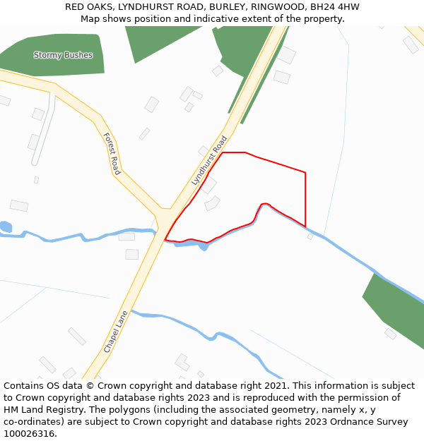 RED OAKS, LYNDHURST ROAD, BURLEY, RINGWOOD, BH24 4HW: Location map and indicative extent of plot