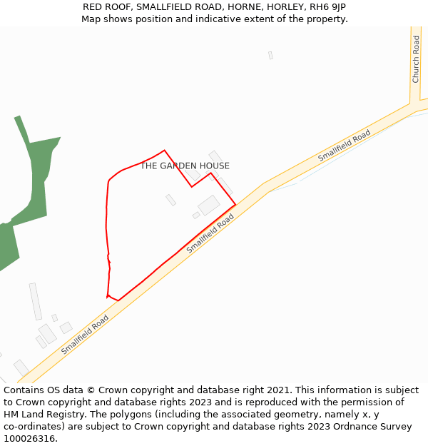 RED ROOF, SMALLFIELD ROAD, HORNE, HORLEY, RH6 9JP: Location map and indicative extent of plot