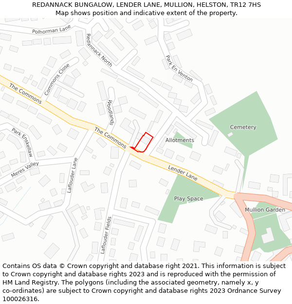 REDANNACK BUNGALOW, LENDER LANE, MULLION, HELSTON, TR12 7HS: Location map and indicative extent of plot