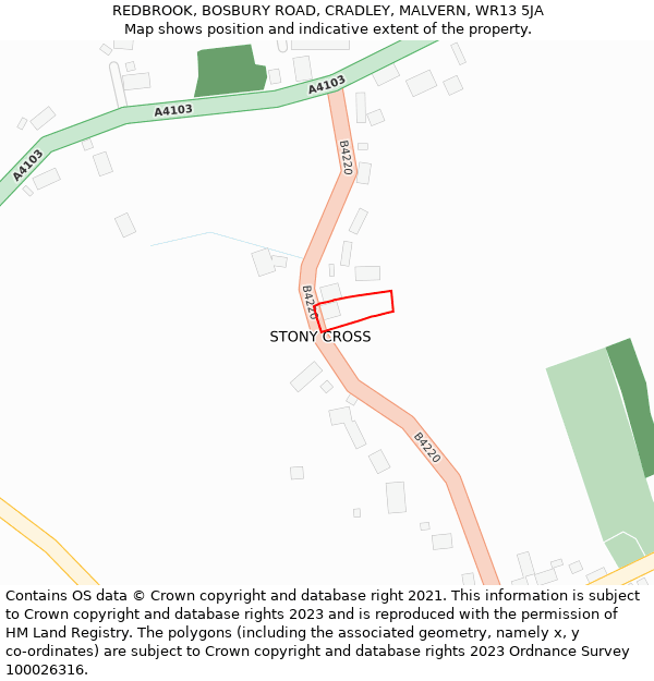 REDBROOK, BOSBURY ROAD, CRADLEY, MALVERN, WR13 5JA: Location map and indicative extent of plot