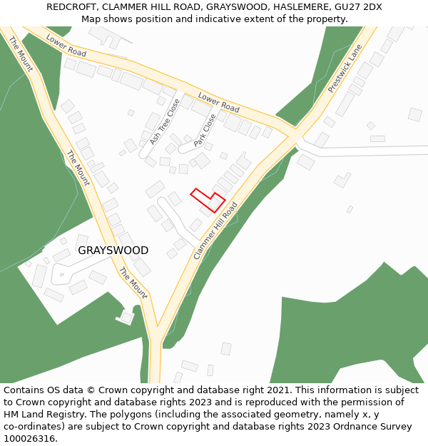 REDCROFT, CLAMMER HILL ROAD, GRAYSWOOD, HASLEMERE, GU27 2DX: Location map and indicative extent of plot