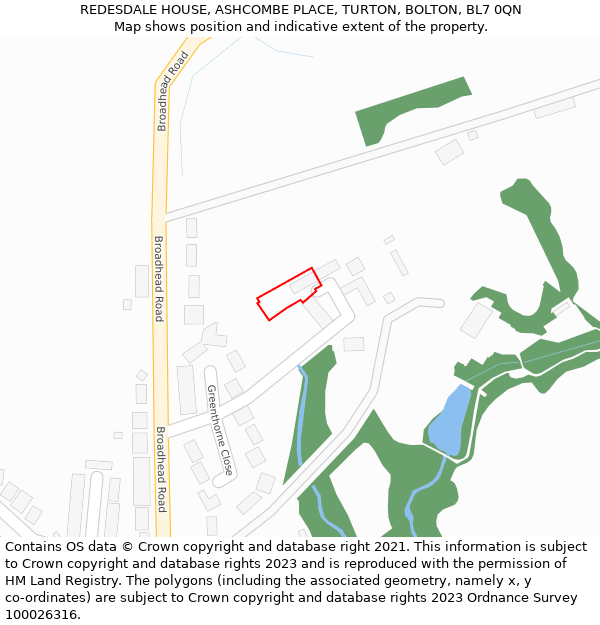 REDESDALE HOUSE, ASHCOMBE PLACE, TURTON, BOLTON, BL7 0QN: Location map and indicative extent of plot