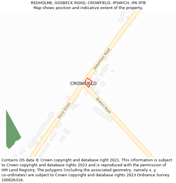 REDHOLME, GOSBECK ROAD, CROWFIELD, IPSWICH, IP6 9TB: Location map and indicative extent of plot