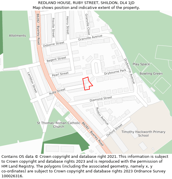 REDLAND HOUSE, RUBY STREET, SHILDON, DL4 1JD: Location map and indicative extent of plot