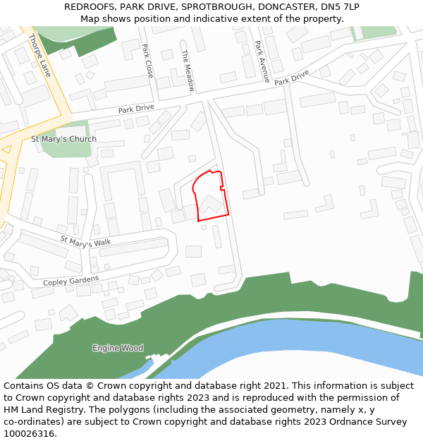 REDROOFS, PARK DRIVE, SPROTBROUGH, DONCASTER, DN5 7LP: Location map and indicative extent of plot