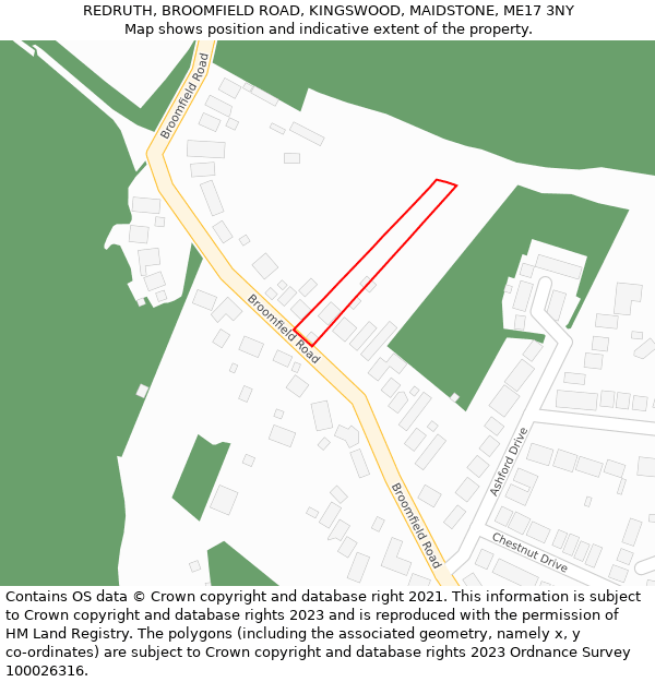 REDRUTH, BROOMFIELD ROAD, KINGSWOOD, MAIDSTONE, ME17 3NY: Location map and indicative extent of plot