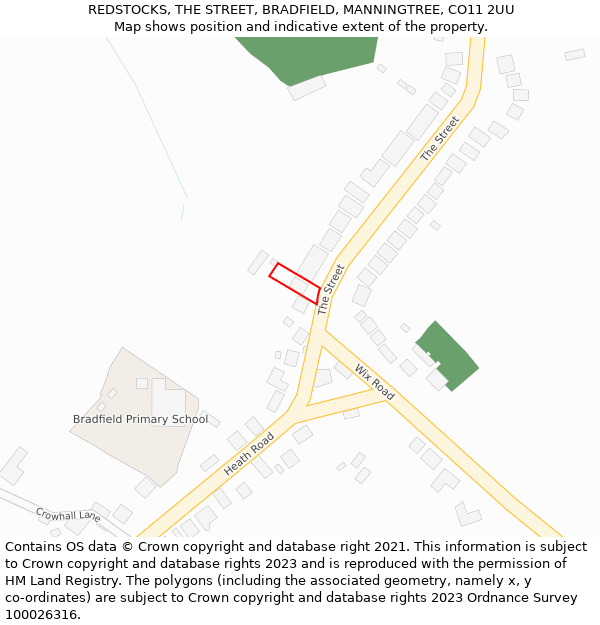 REDSTOCKS, THE STREET, BRADFIELD, MANNINGTREE, CO11 2UU: Location map and indicative extent of plot