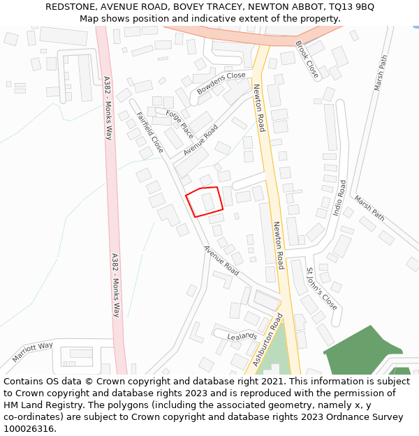 REDSTONE, AVENUE ROAD, BOVEY TRACEY, NEWTON ABBOT, TQ13 9BQ: Location map and indicative extent of plot