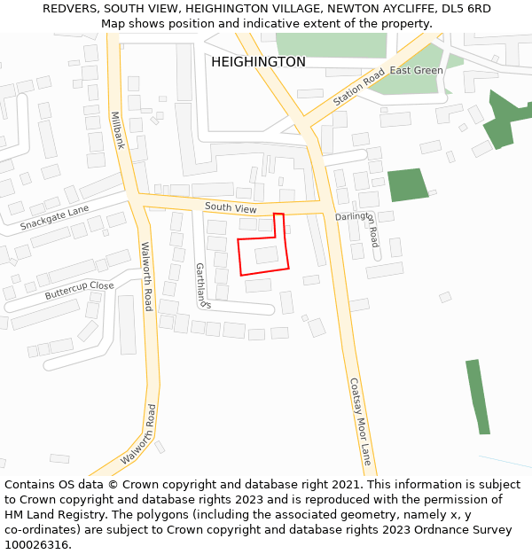 REDVERS, SOUTH VIEW, HEIGHINGTON VILLAGE, NEWTON AYCLIFFE, DL5 6RD: Location map and indicative extent of plot