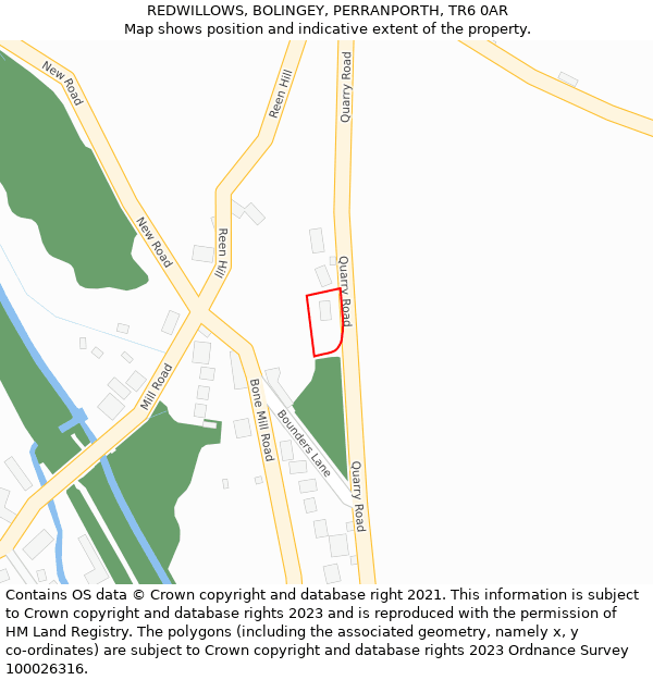 REDWILLOWS, BOLINGEY, PERRANPORTH, TR6 0AR: Location map and indicative extent of plot