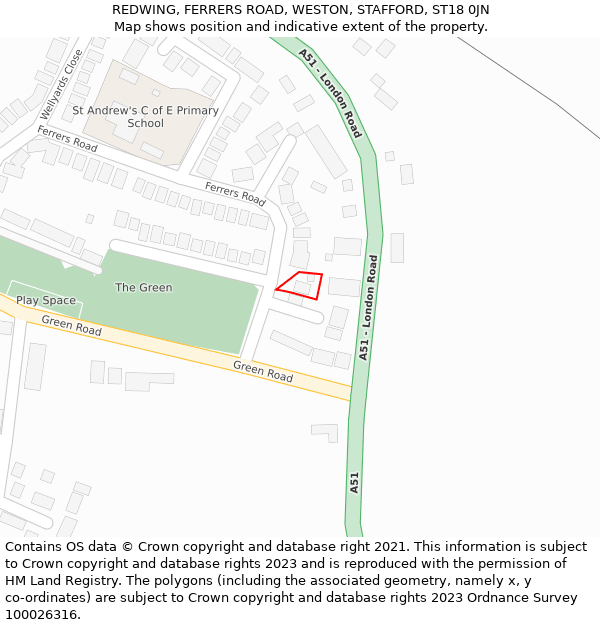 REDWING, FERRERS ROAD, WESTON, STAFFORD, ST18 0JN: Location map and indicative extent of plot