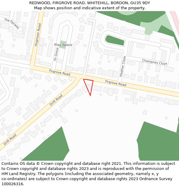 REDWOOD, FIRGROVE ROAD, WHITEHILL, BORDON, GU35 9DY: Location map and indicative extent of plot