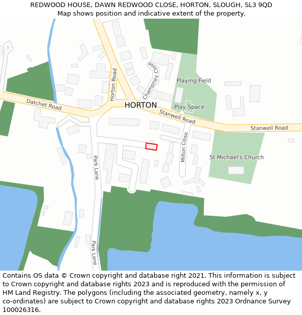 REDWOOD HOUSE, DAWN REDWOOD CLOSE, HORTON, SLOUGH, SL3 9QD: Location map and indicative extent of plot