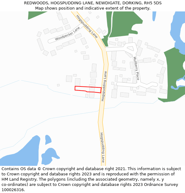 REDWOODS, HOGSPUDDING LANE, NEWDIGATE, DORKING, RH5 5DS: Location map and indicative extent of plot