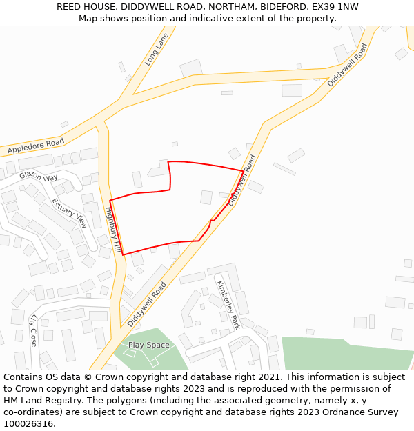 REED HOUSE, DIDDYWELL ROAD, NORTHAM, BIDEFORD, EX39 1NW: Location map and indicative extent of plot