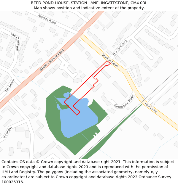 REED POND HOUSE, STATION LANE, INGATESTONE, CM4 0BL: Location map and indicative extent of plot