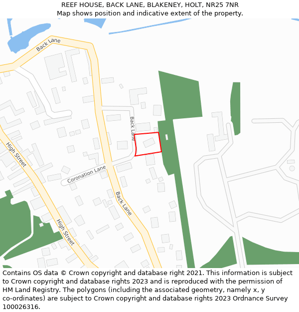 REEF HOUSE, BACK LANE, BLAKENEY, HOLT, NR25 7NR: Location map and indicative extent of plot