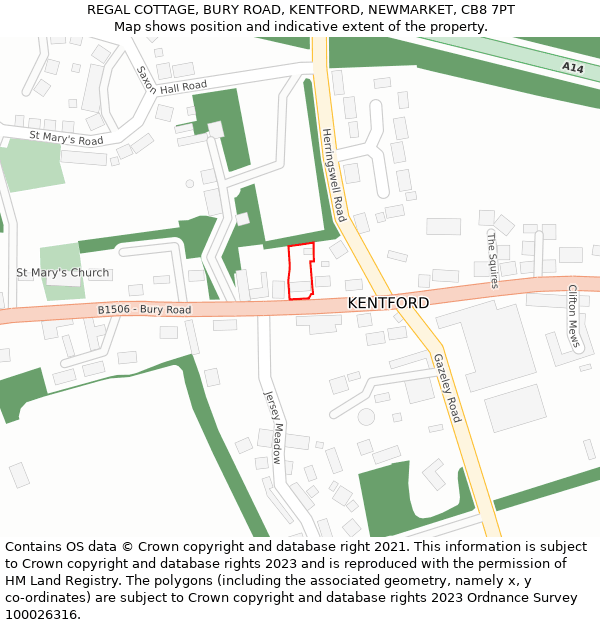 REGAL COTTAGE, BURY ROAD, KENTFORD, NEWMARKET, CB8 7PT: Location map and indicative extent of plot