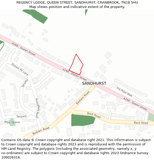 REGENCY LODGE, QUEEN STREET, SANDHURST, CRANBROOK, TN18 5HU: Location map and indicative extent of plot