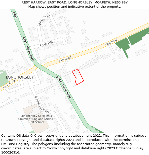 REST HARROW, EAST ROAD, LONGHORSLEY, MORPETH, NE65 8SY: Location map and indicative extent of plot