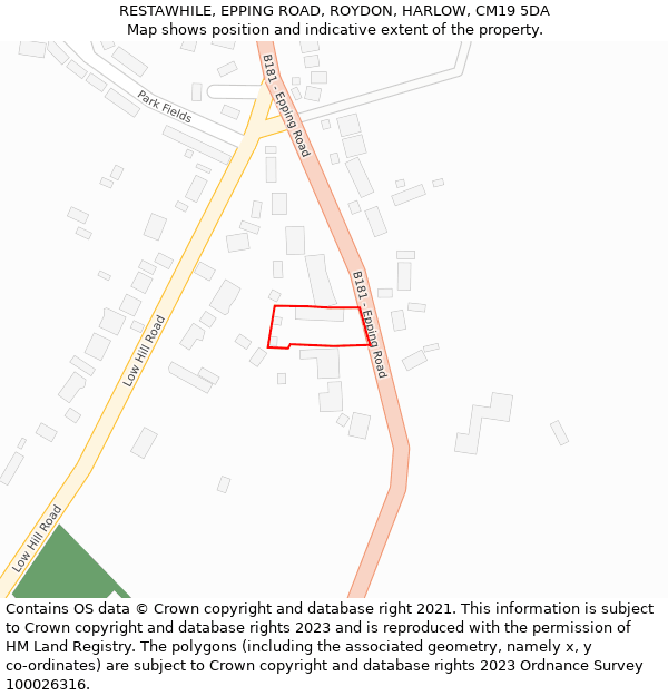 RESTAWHILE, EPPING ROAD, ROYDON, HARLOW, CM19 5DA: Location map and indicative extent of plot