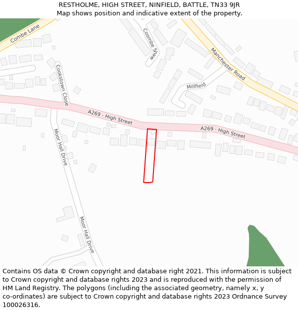 RESTHOLME, HIGH STREET, NINFIELD, BATTLE, TN33 9JR: Location map and indicative extent of plot