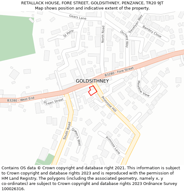 RETALLACK HOUSE, FORE STREET, GOLDSITHNEY, PENZANCE, TR20 9JT: Location map and indicative extent of plot