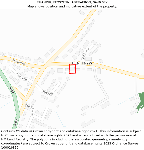 RHANDIR, FFOSYFFIN, ABERAERON, SA46 0EY: Location map and indicative extent of plot