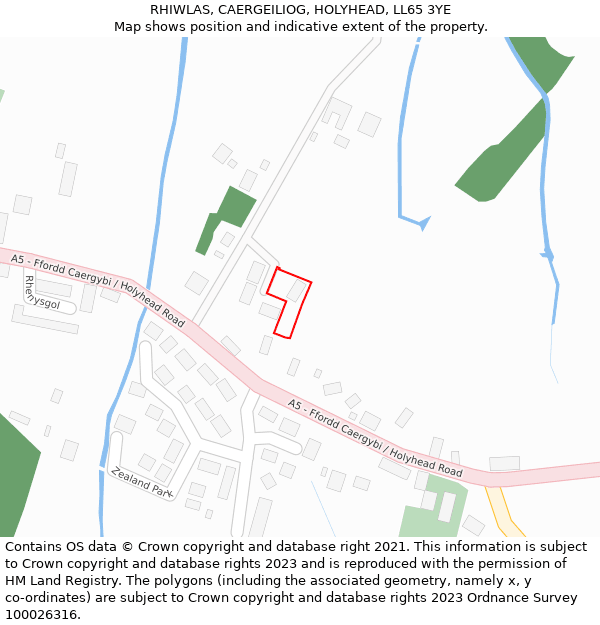 RHIWLAS, CAERGEILIOG, HOLYHEAD, LL65 3YE: Location map and indicative extent of plot