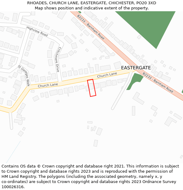 RHOADES, CHURCH LANE, EASTERGATE, CHICHESTER, PO20 3XD: Location map and indicative extent of plot
