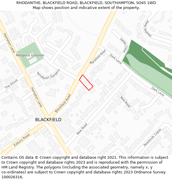 RHODANTHE, BLACKFIELD ROAD, BLACKFIELD, SOUTHAMPTON, SO45 1WD: Location map and indicative extent of plot