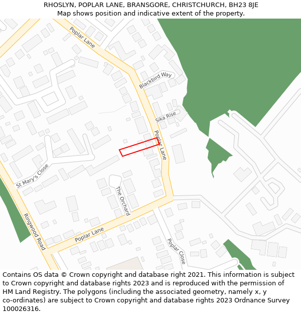 RHOSLYN, POPLAR LANE, BRANSGORE, CHRISTCHURCH, BH23 8JE: Location map and indicative extent of plot