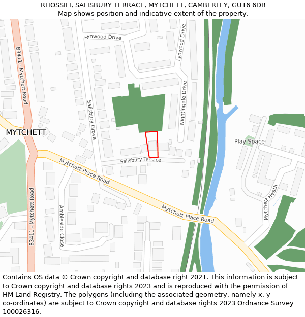 RHOSSILI, SALISBURY TERRACE, MYTCHETT, CAMBERLEY, GU16 6DB: Location map and indicative extent of plot