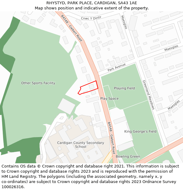 RHYSTYD, PARK PLACE, CARDIGAN, SA43 1AE: Location map and indicative extent of plot