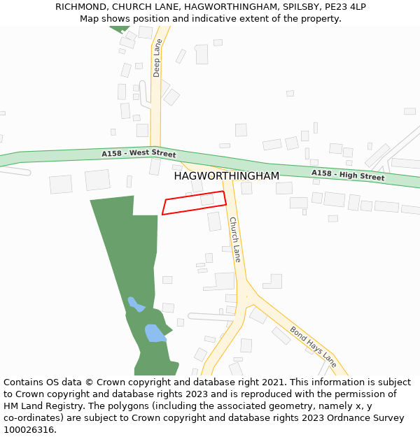 RICHMOND, CHURCH LANE, HAGWORTHINGHAM, SPILSBY, PE23 4LP: Location map and indicative extent of plot