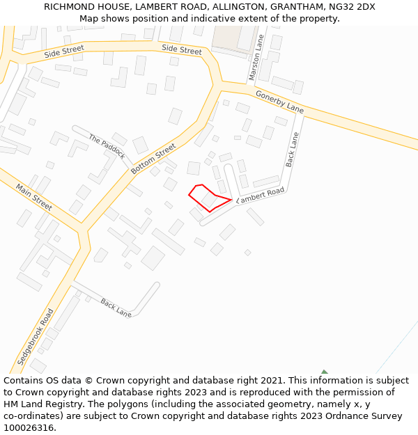 RICHMOND HOUSE, LAMBERT ROAD, ALLINGTON, GRANTHAM, NG32 2DX: Location map and indicative extent of plot