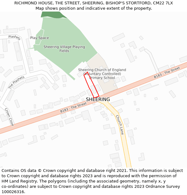 RICHMOND HOUSE, THE STREET, SHEERING, BISHOP'S STORTFORD, CM22 7LX: Location map and indicative extent of plot