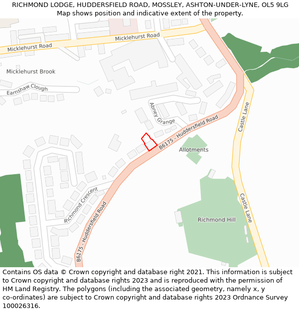 RICHMOND LODGE, HUDDERSFIELD ROAD, MOSSLEY, ASHTON-UNDER-LYNE, OL5 9LG: Location map and indicative extent of plot