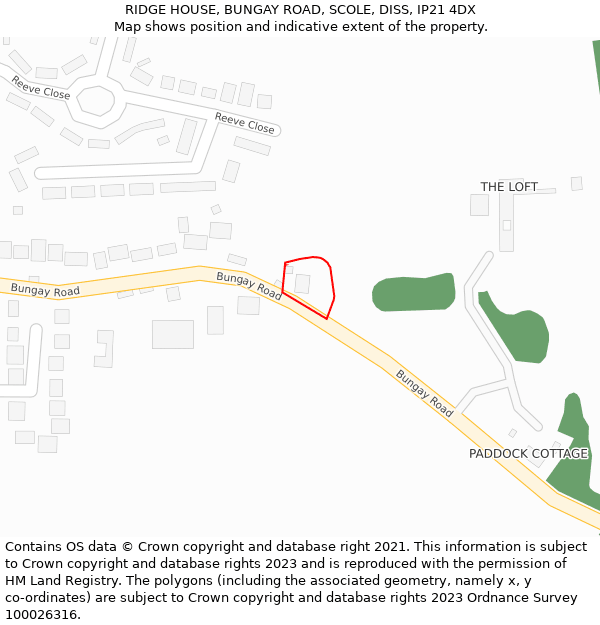 RIDGE HOUSE, BUNGAY ROAD, SCOLE, DISS, IP21 4DX: Location map and indicative extent of plot