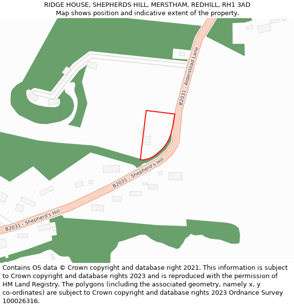 RIDGE HOUSE, SHEPHERDS HILL, MERSTHAM, REDHILL, RH1 3AD: Location map and indicative extent of plot