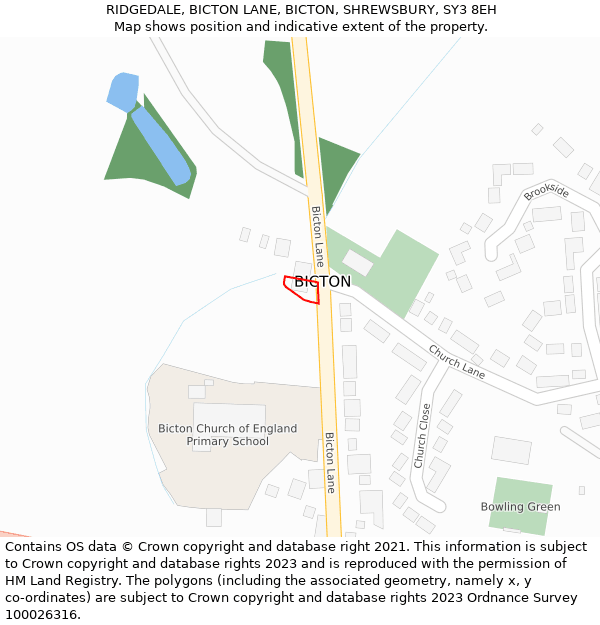 RIDGEDALE, BICTON LANE, BICTON, SHREWSBURY, SY3 8EH: Location map and indicative extent of plot