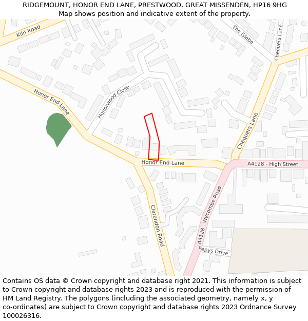 RIDGEMOUNT, HONOR END LANE, PRESTWOOD, GREAT MISSENDEN, HP16 9HG: Location map and indicative extent of plot