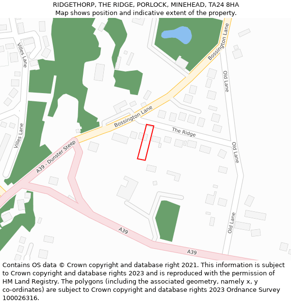 RIDGETHORP, THE RIDGE, PORLOCK, MINEHEAD, TA24 8HA: Location map and indicative extent of plot
