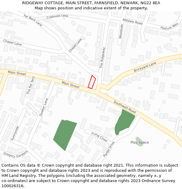 RIDGEWAY COTTAGE, MAIN STREET, FARNSFIELD, NEWARK, NG22 8EA: Location map and indicative extent of plot