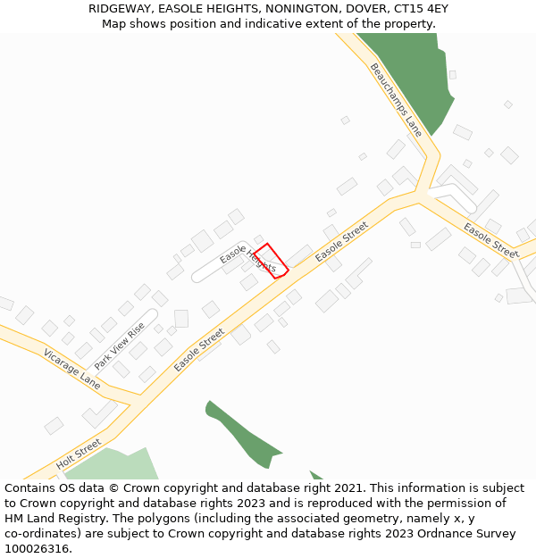 RIDGEWAY, EASOLE HEIGHTS, NONINGTON, DOVER, CT15 4EY: Location map and indicative extent of plot